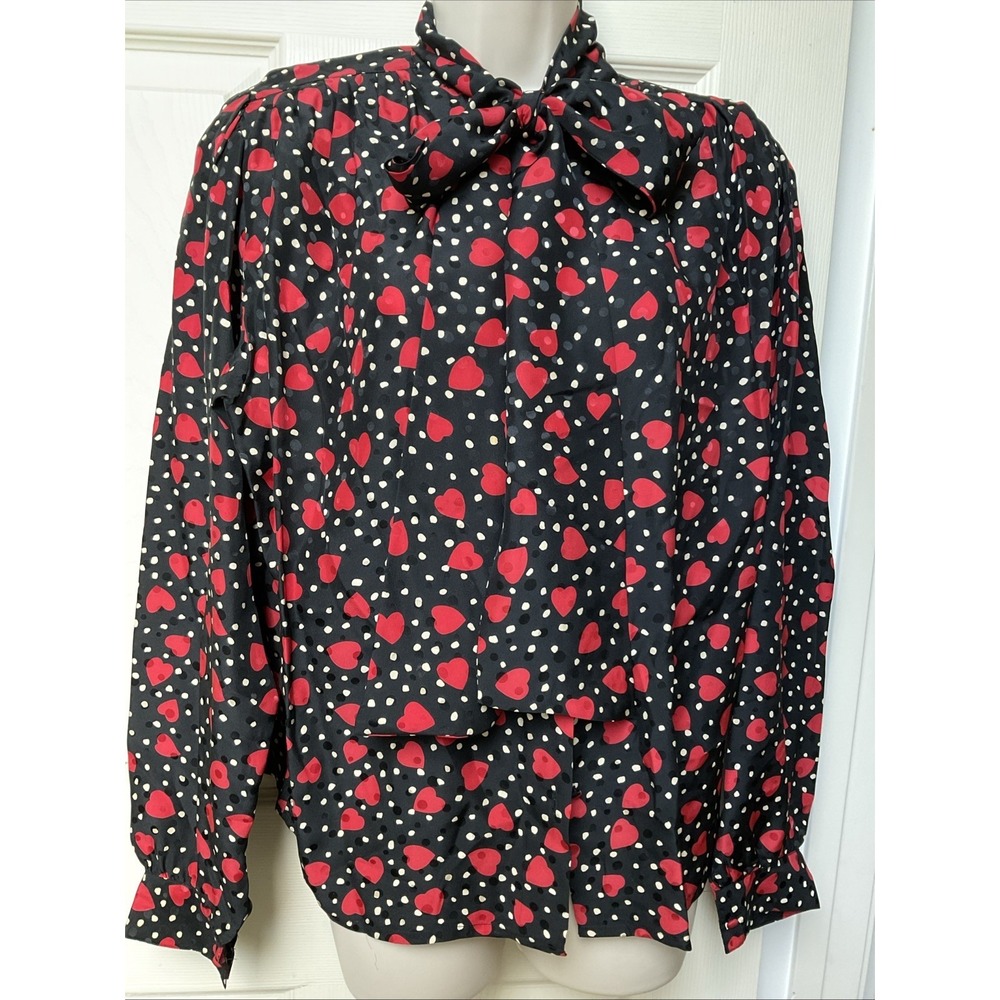 Bergdorf Goodman 100% Silk Bow Tie Neck Blouse Red Hearts 80s